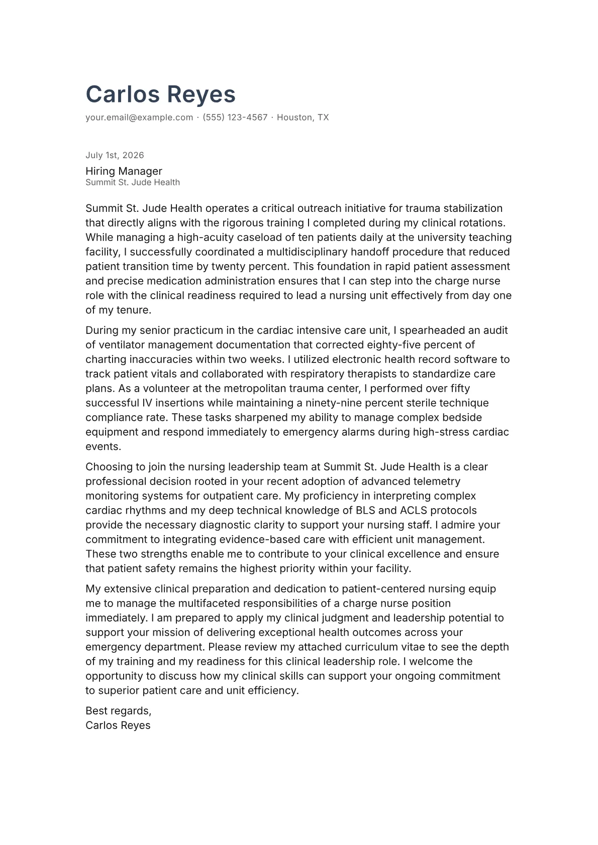 Charge Nurse cover letter in the Minimal design