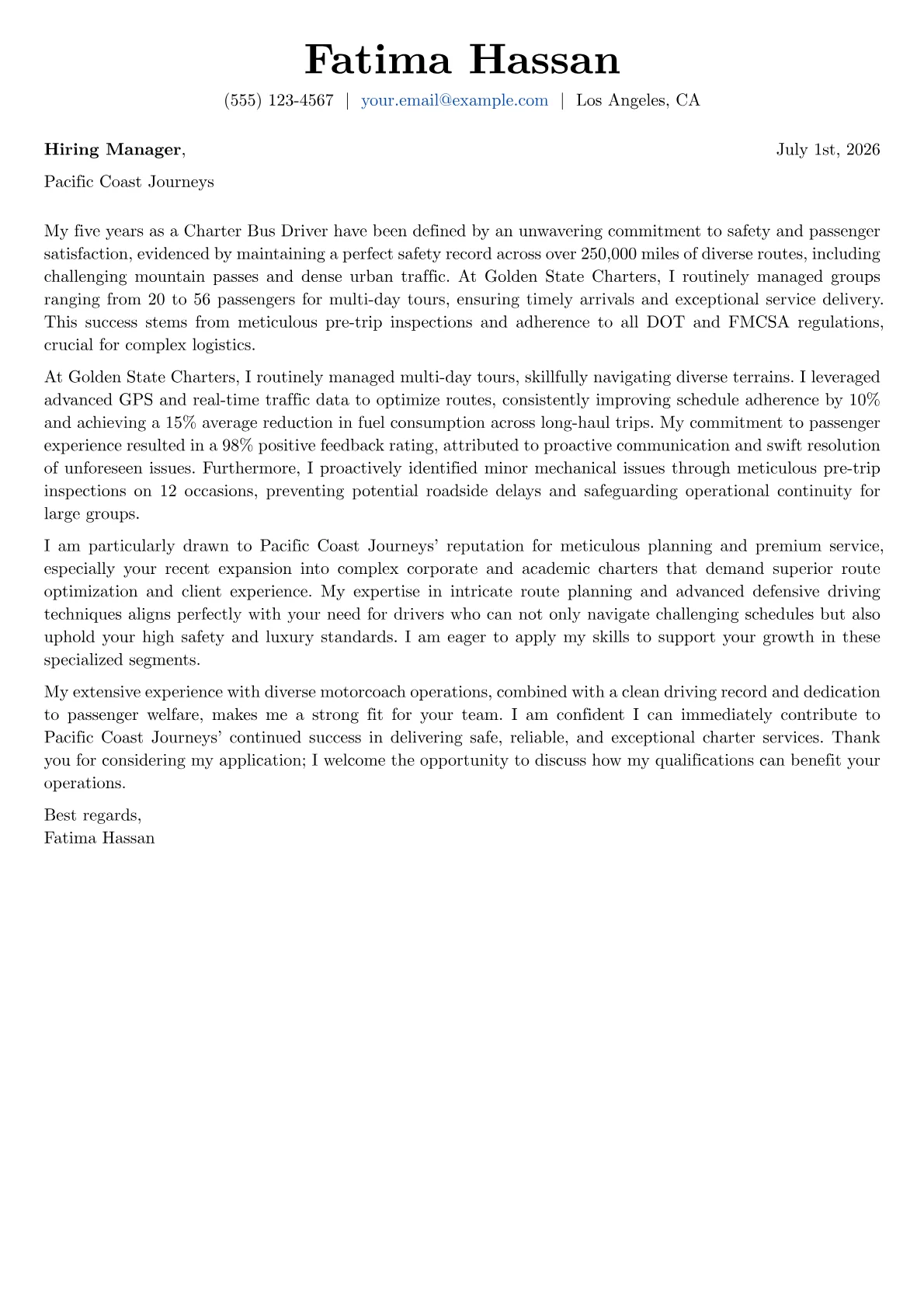 Charter Bus Driver cover letter formatted with a JobSprout template
