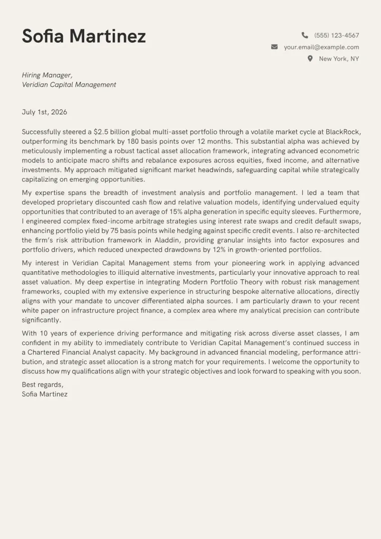 Chartered Financial Analyst Cover Letter Example