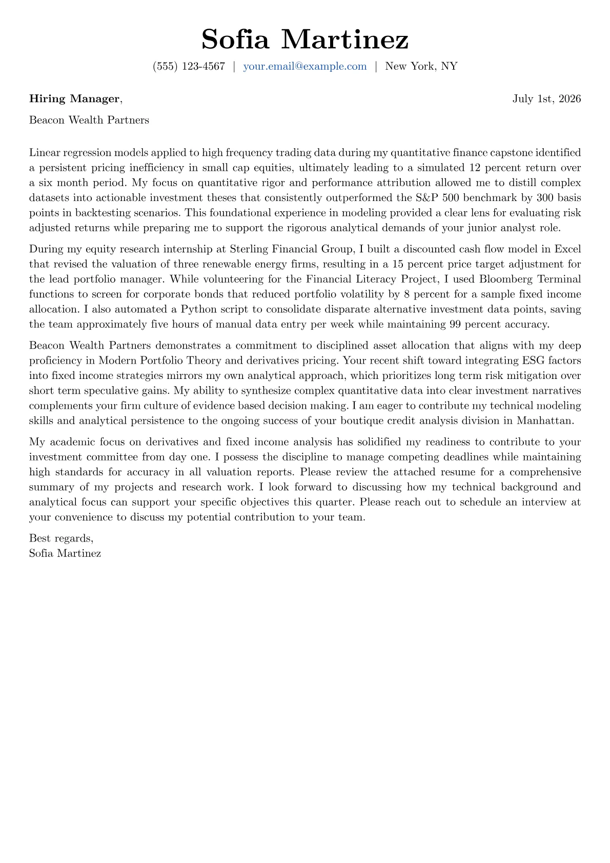 Chartered Financial Analyst cover letter in the Basic design