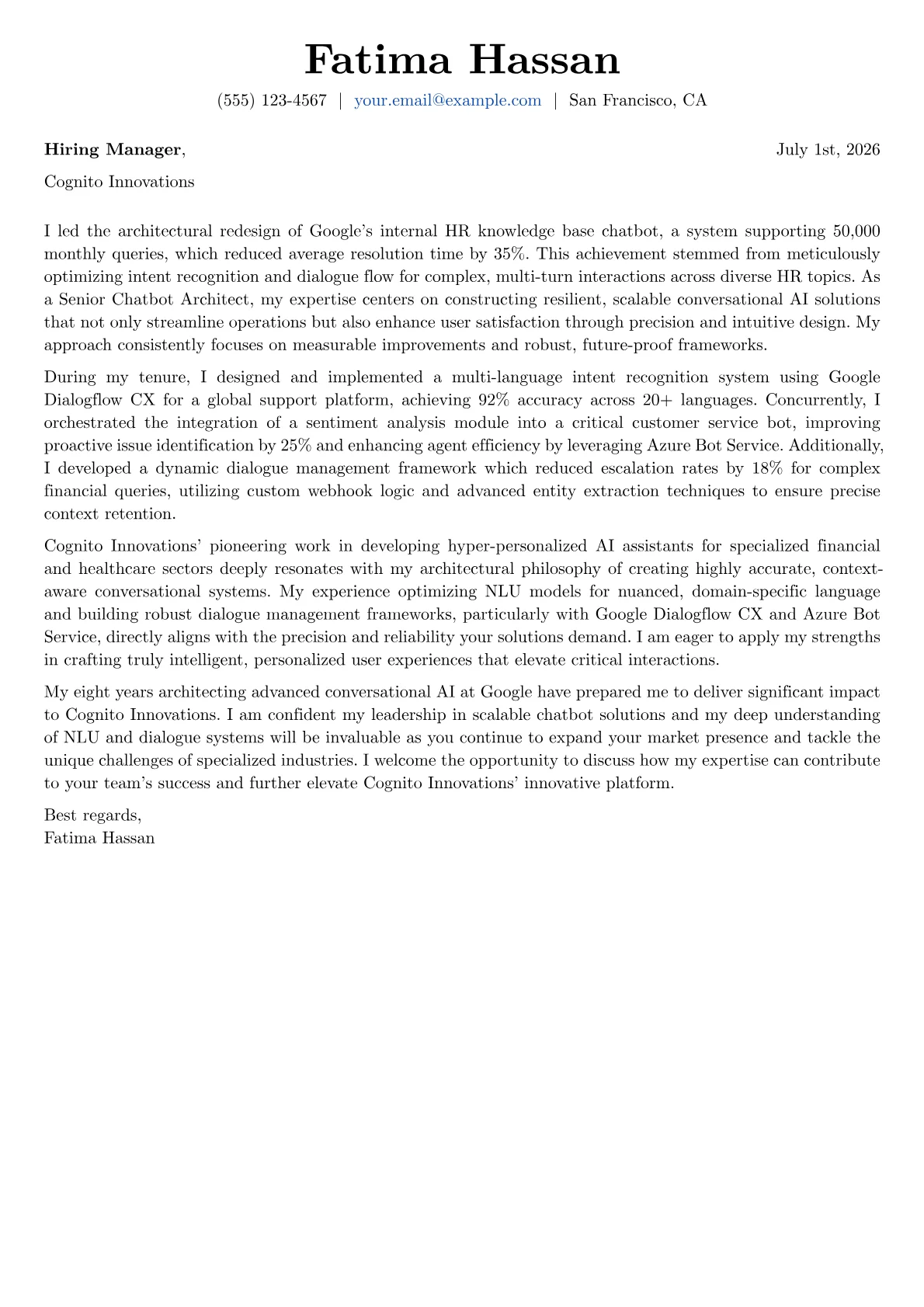 Chatbot Architect cover letter formatted with a JobSprout template