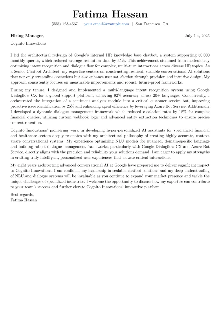 Chatbot Architect cover letter example preview