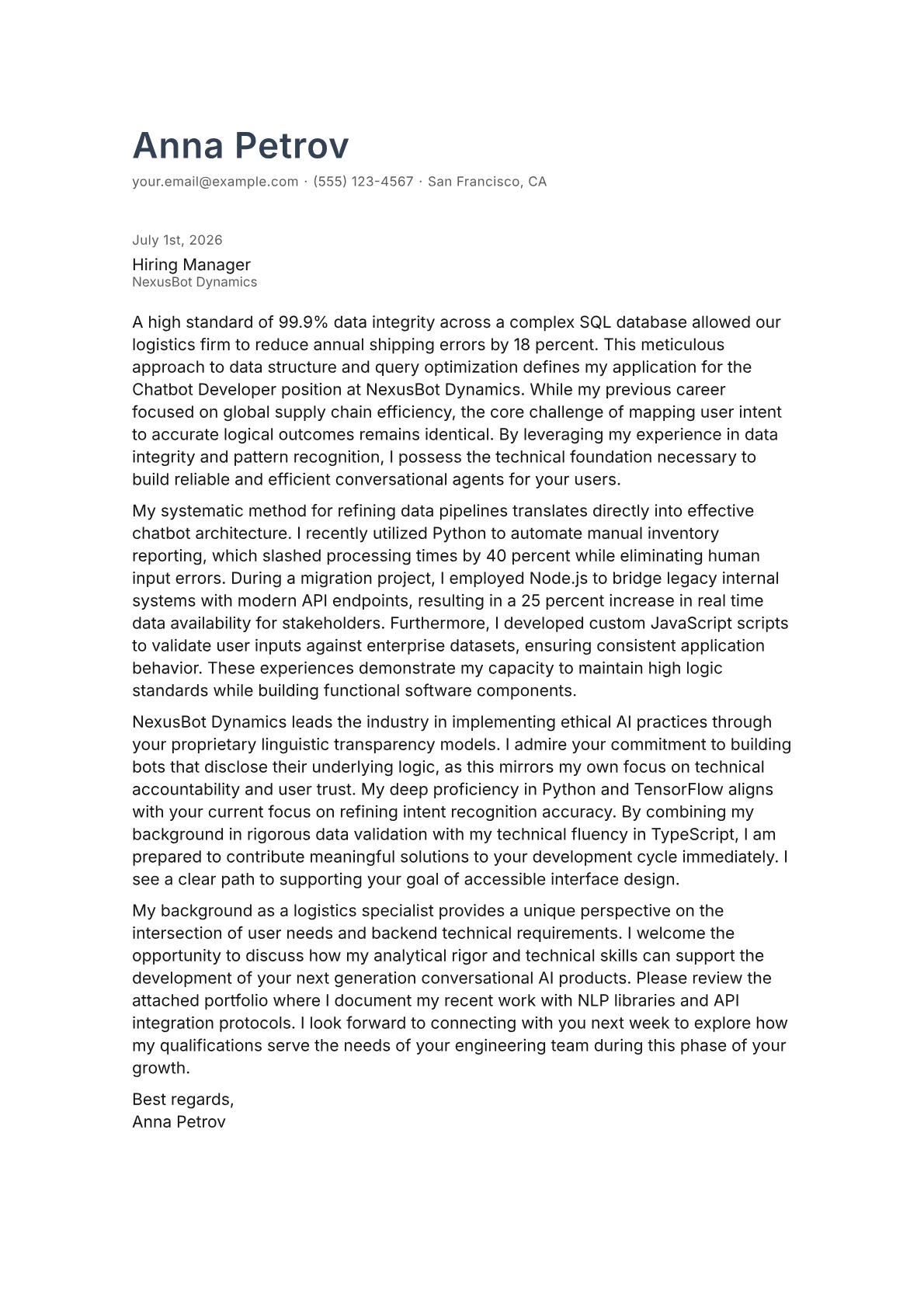 Chatbot Developer cover letter in the Minimal design