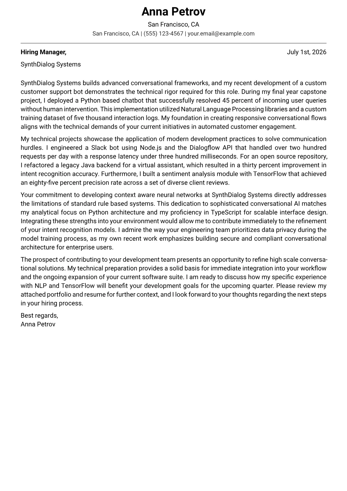 Chatbot Developer cover letter in the Modern design