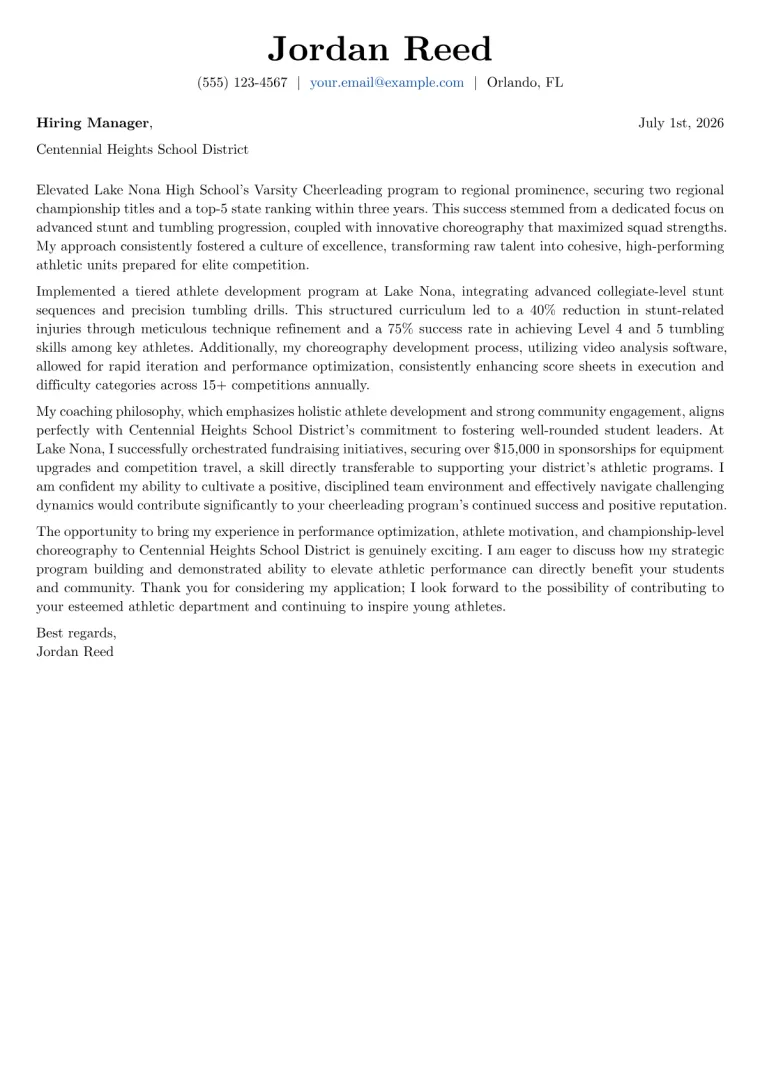 Cheerleading Coach Cover Letter Example + Template (2026)