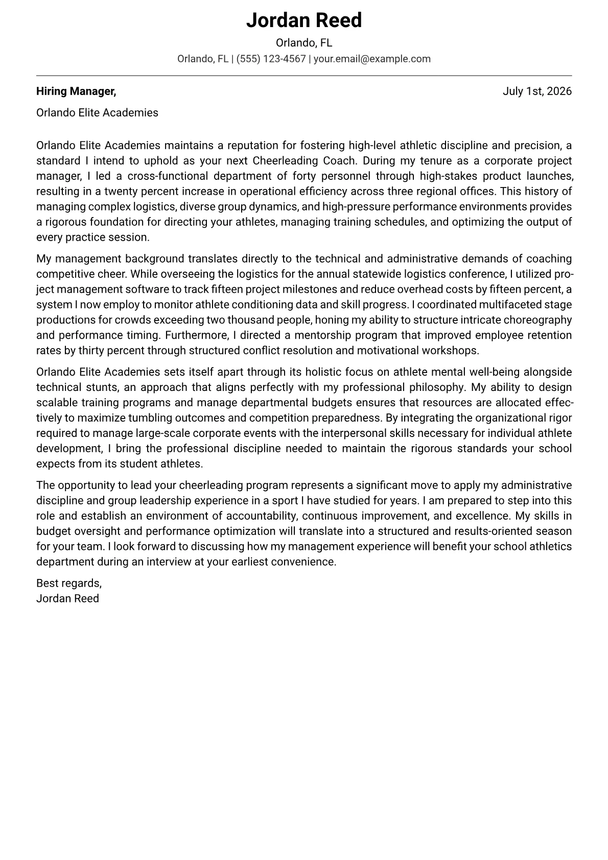 Cheerleading Coach Cover Letter Example + Template (2026)