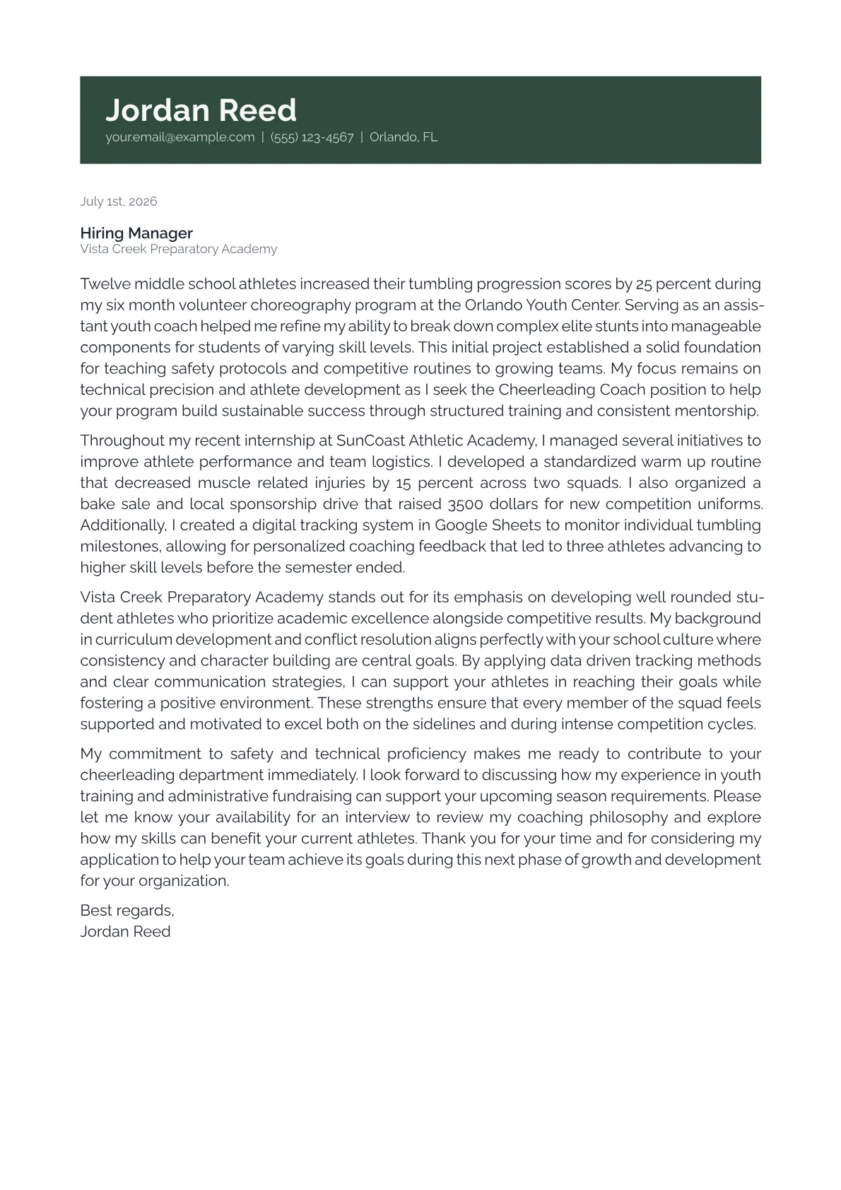 Proritisation Example Cheerleading Coach Cover Letter Example + Template (2026)