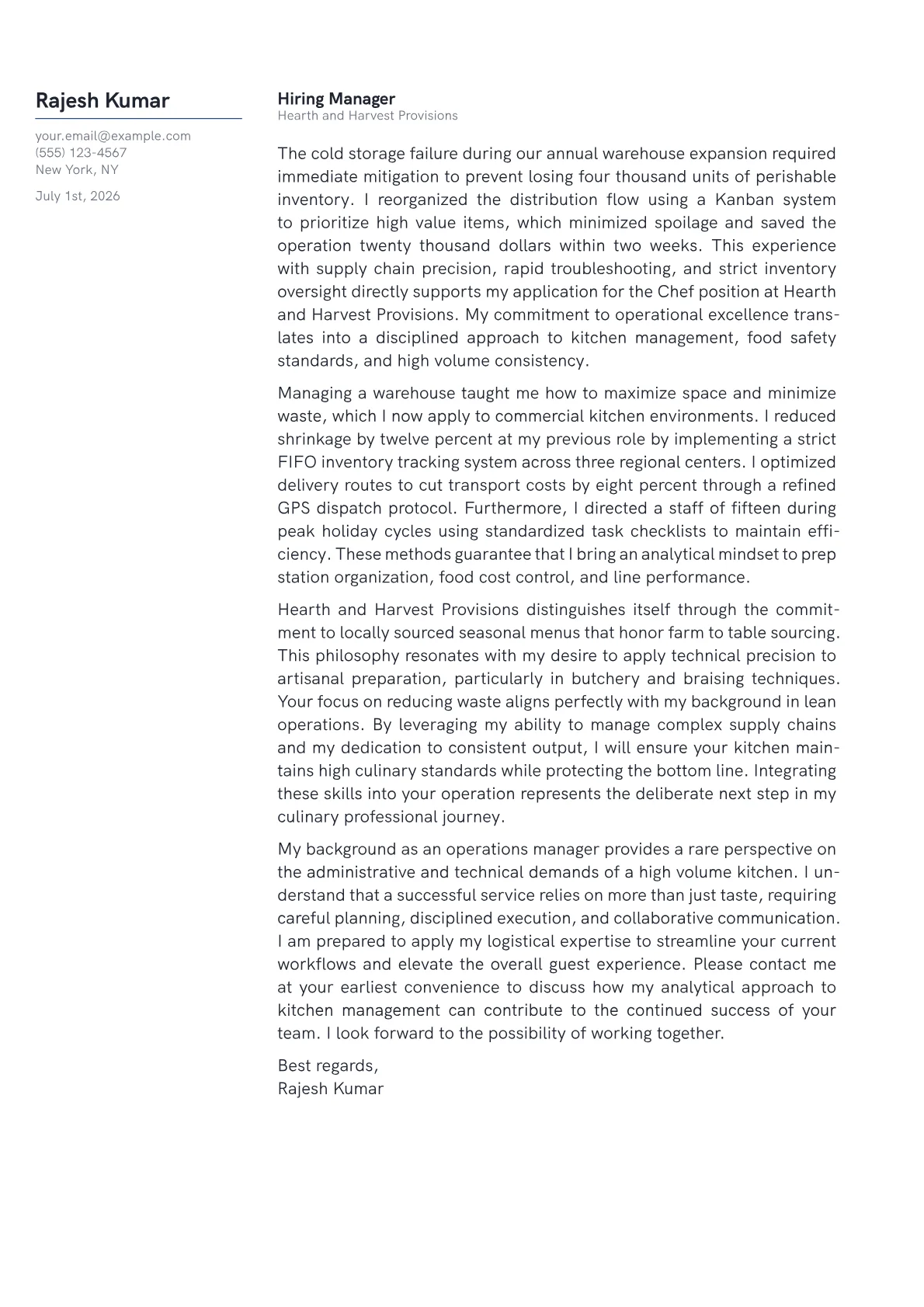 Chef cover letter in the Margin design
