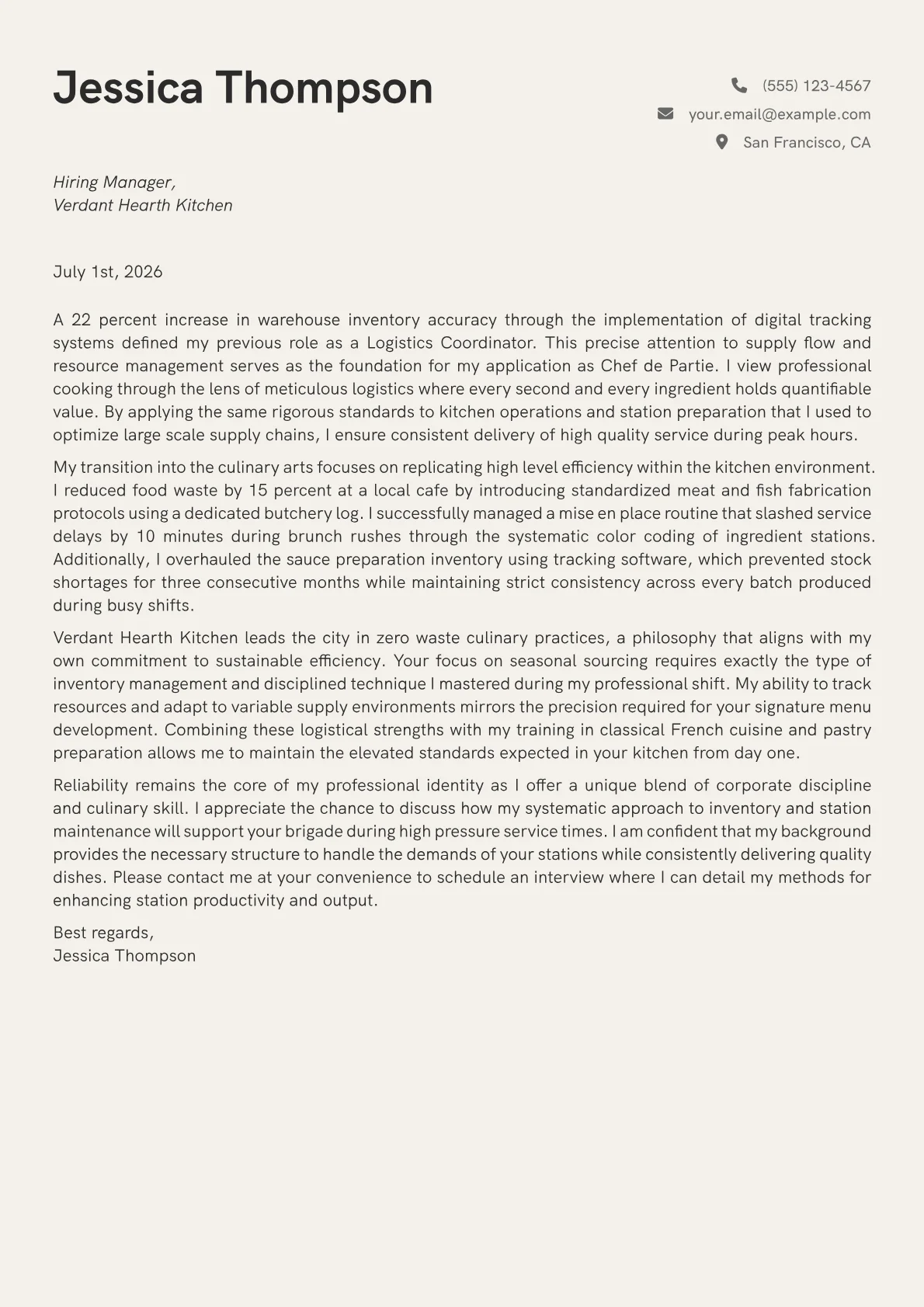 Chef de Partie cover letter in the Creative design