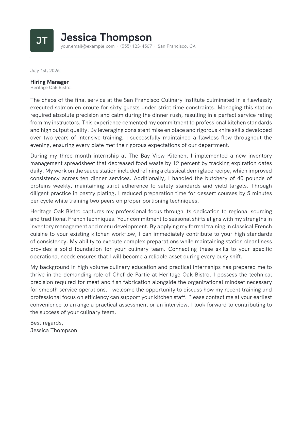 Chef de Partie cover letter in the Emblem design
