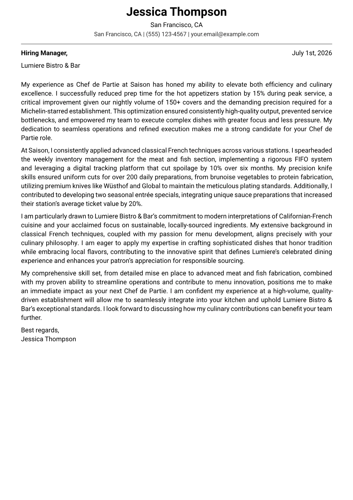 Chef de Partie cover letter formatted with a JobSprout template