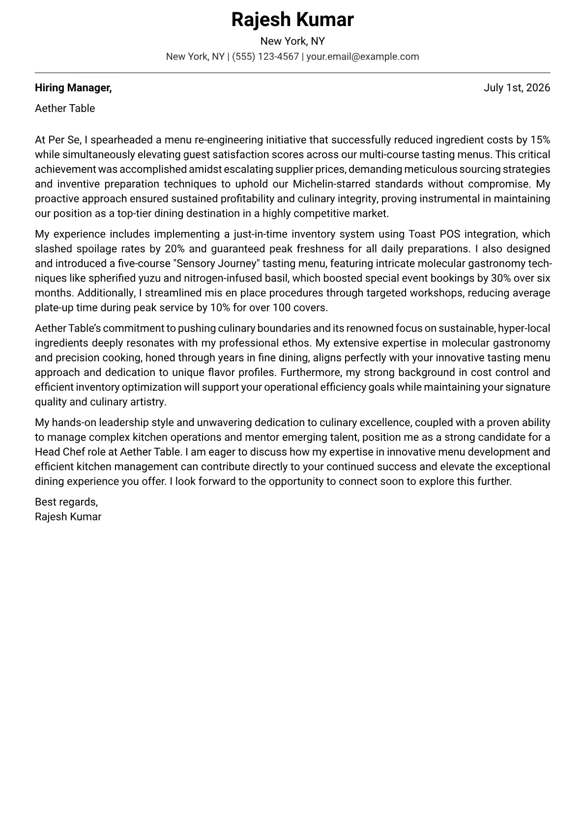 Chef cover letter formatted with a JobSprout template