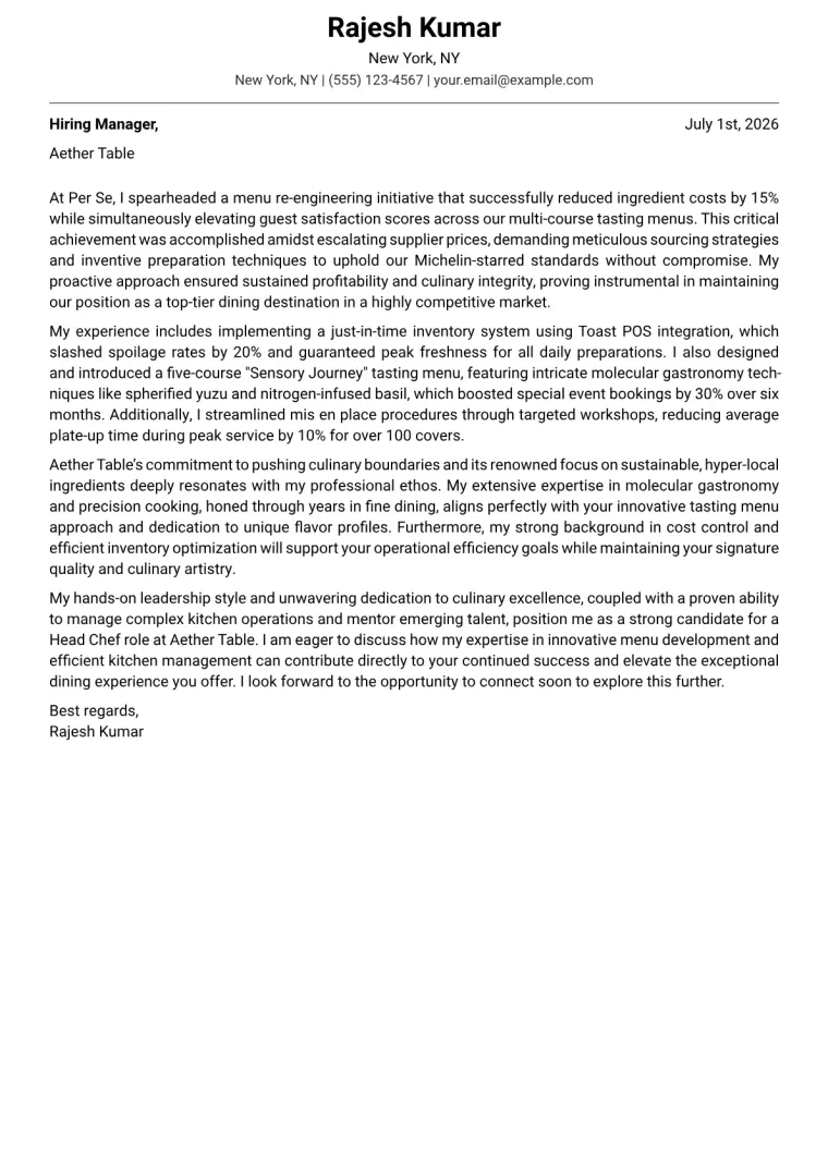 Chef Cover Letter Example
