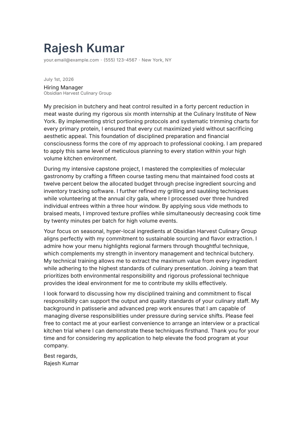 Chef cover letter in the Minimal design