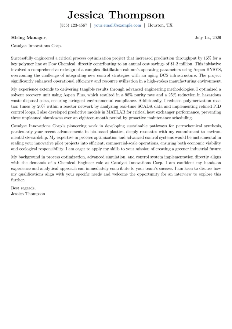 Chemical Engineer Cover Letter Example