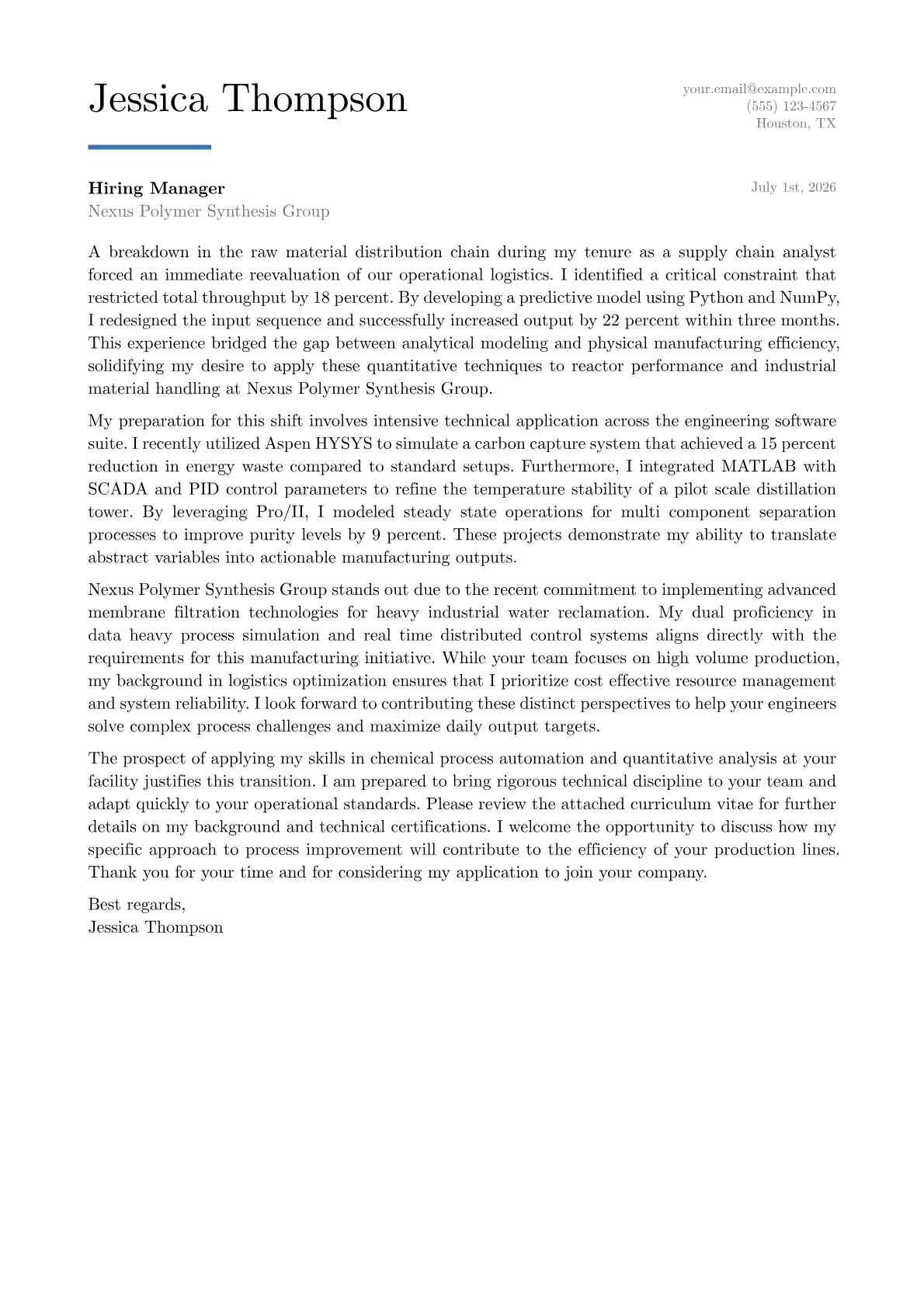 Chemical Engineer cover letter in the Executive design