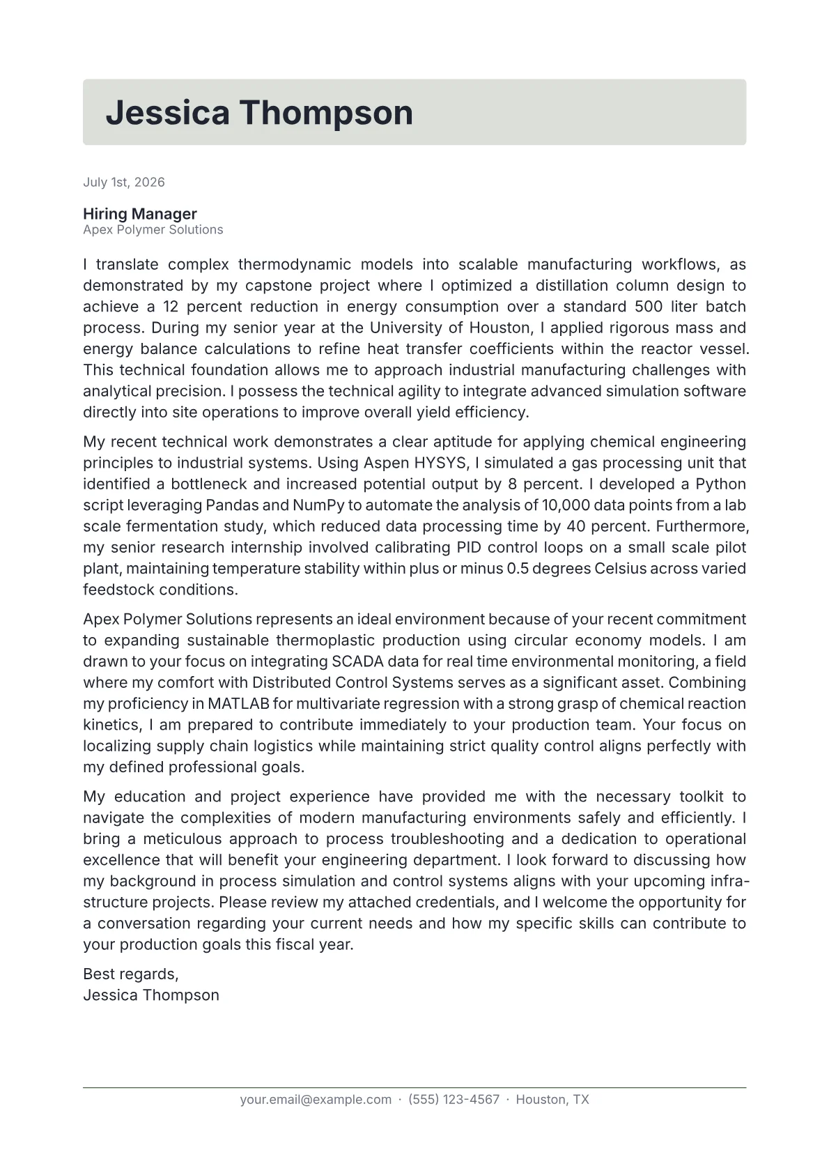 Chemical Engineer cover letter in the Letterhead design