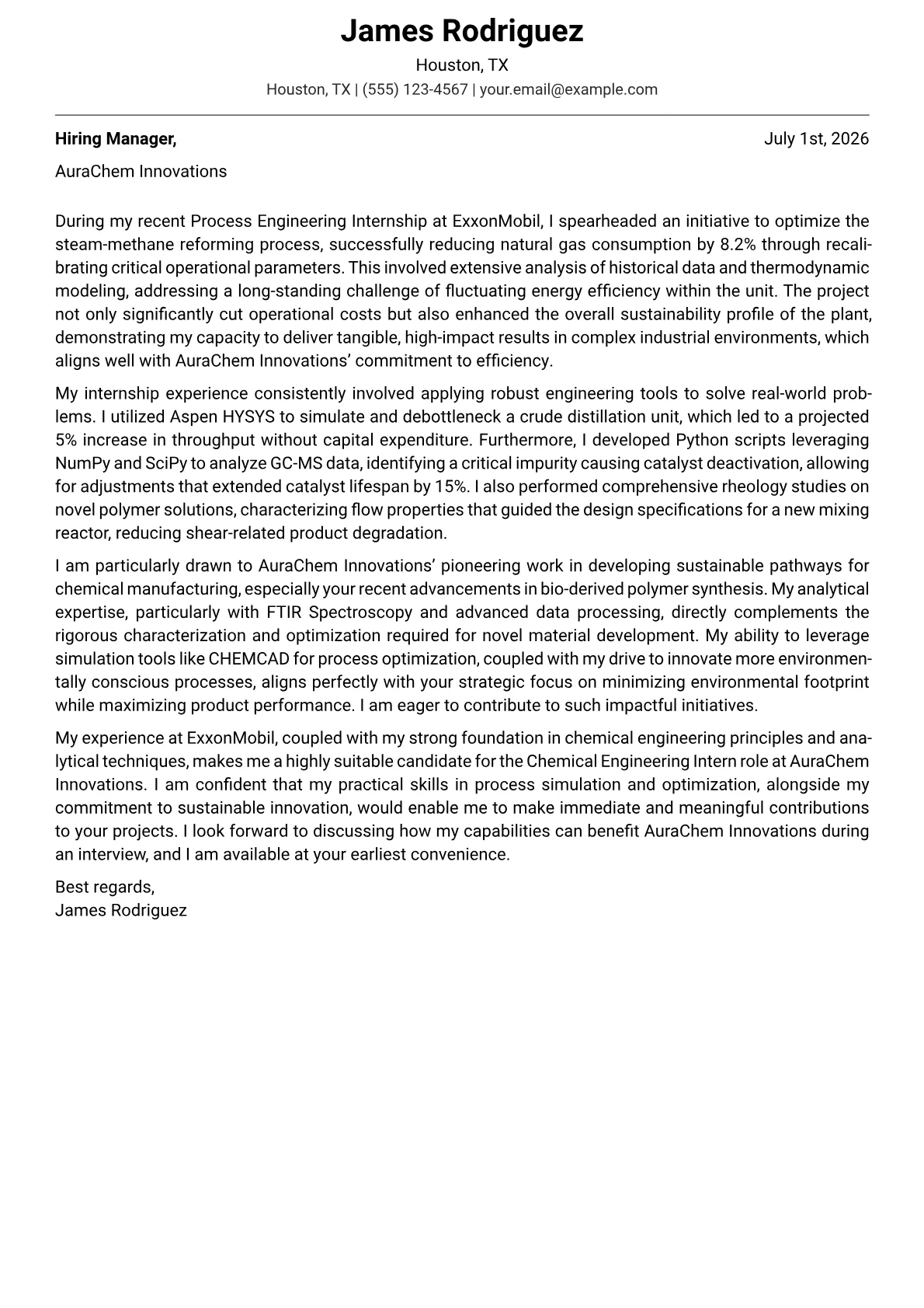Chemical Engineering Intern cover letter formatted with a JobSprout template