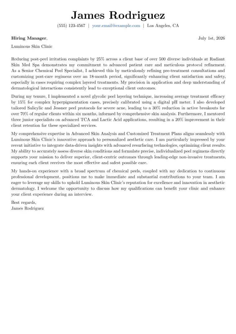 Chemical Peel Specialist cover letter example
