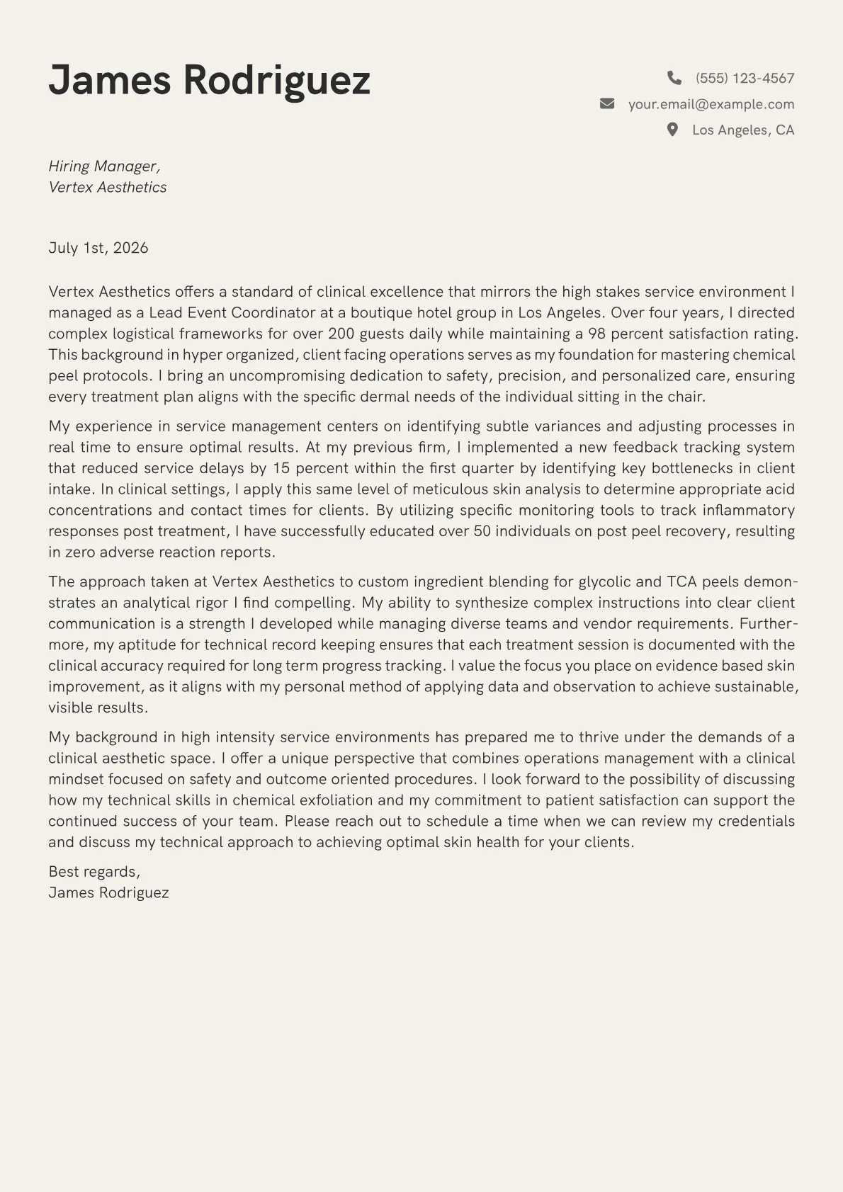 Chemical Peel Specialist cover letter in the Creative design