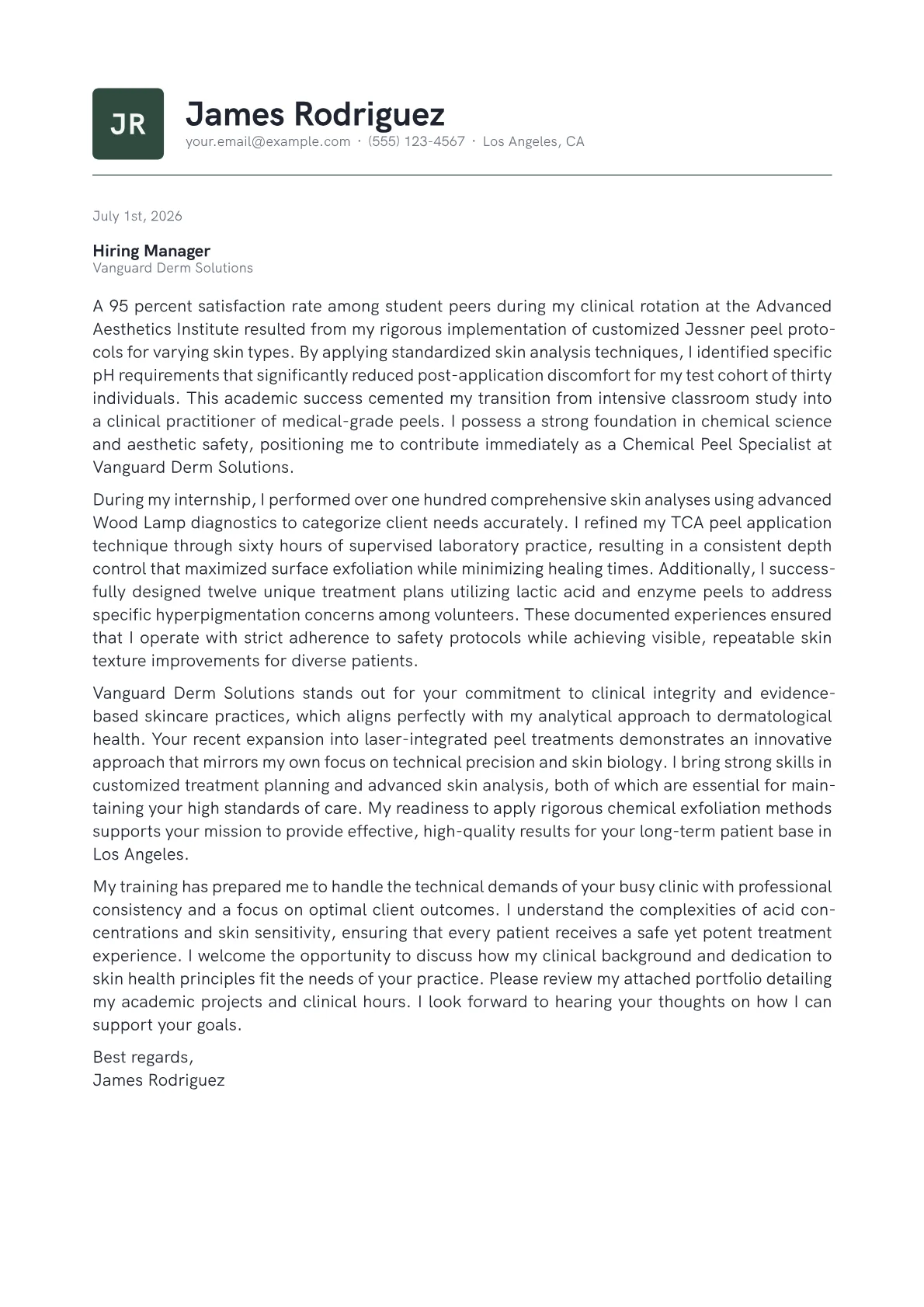 Chemical Peel Specialist cover letter in the Emblem design