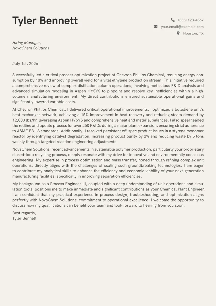Chemical Plant Engineer cover letter example