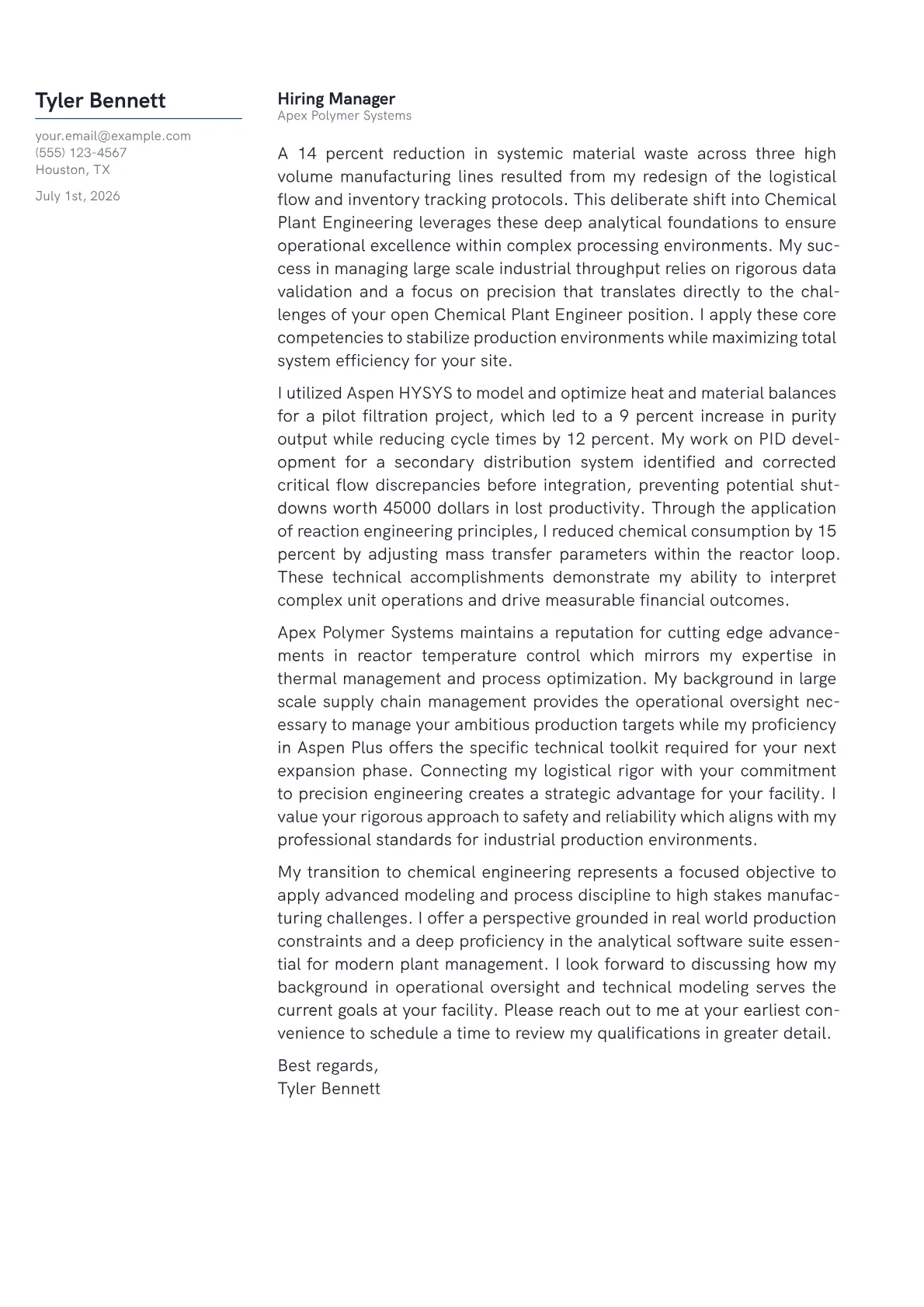 Chemical Plant Engineer cover letter in the Margin design