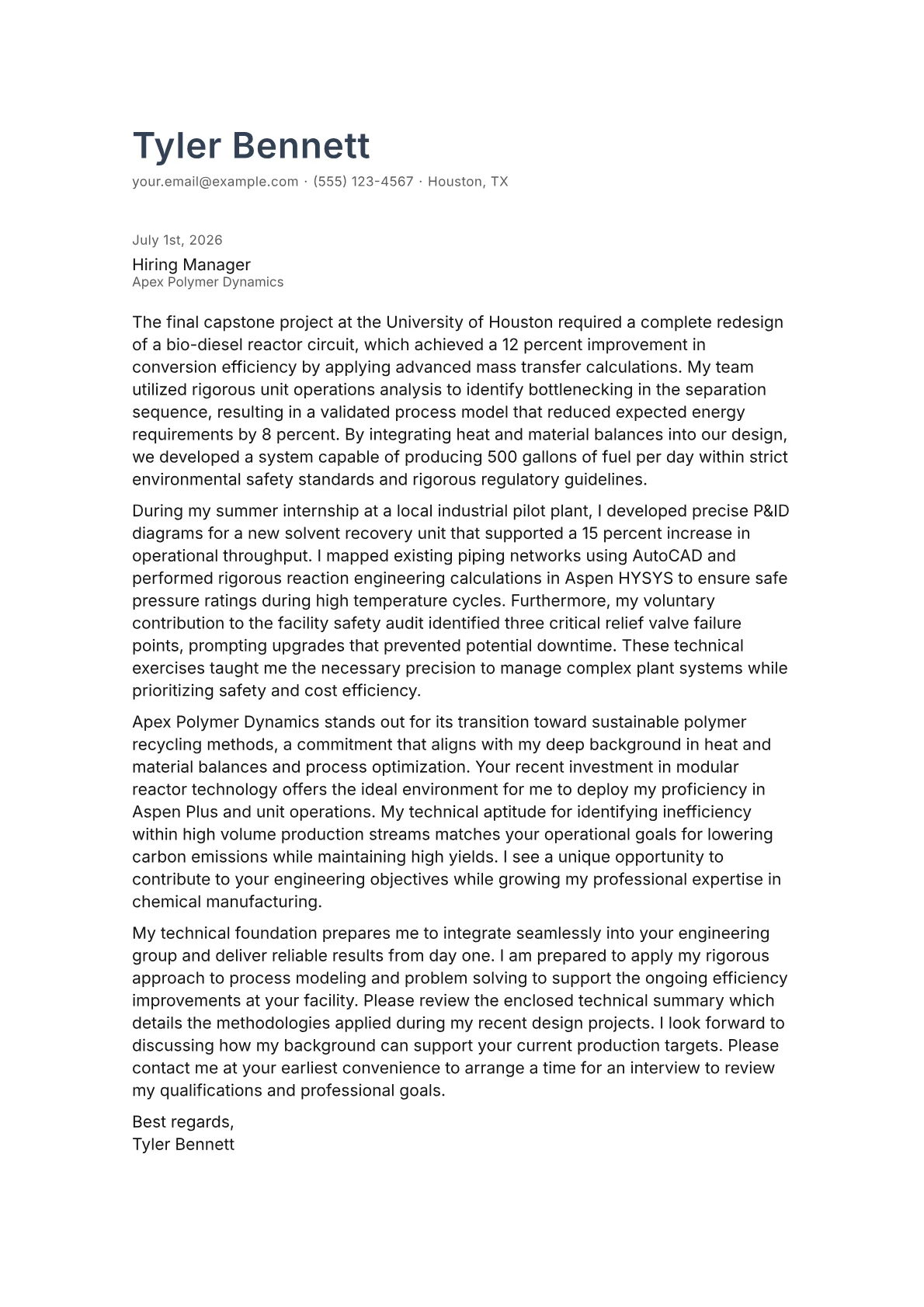 Chemical Plant Engineer cover letter in the Minimal design