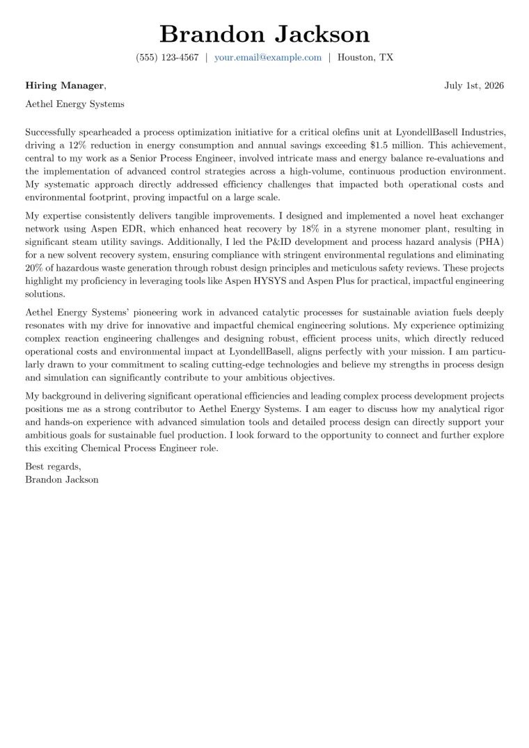 Chemical Process Engineer cover letter example preview