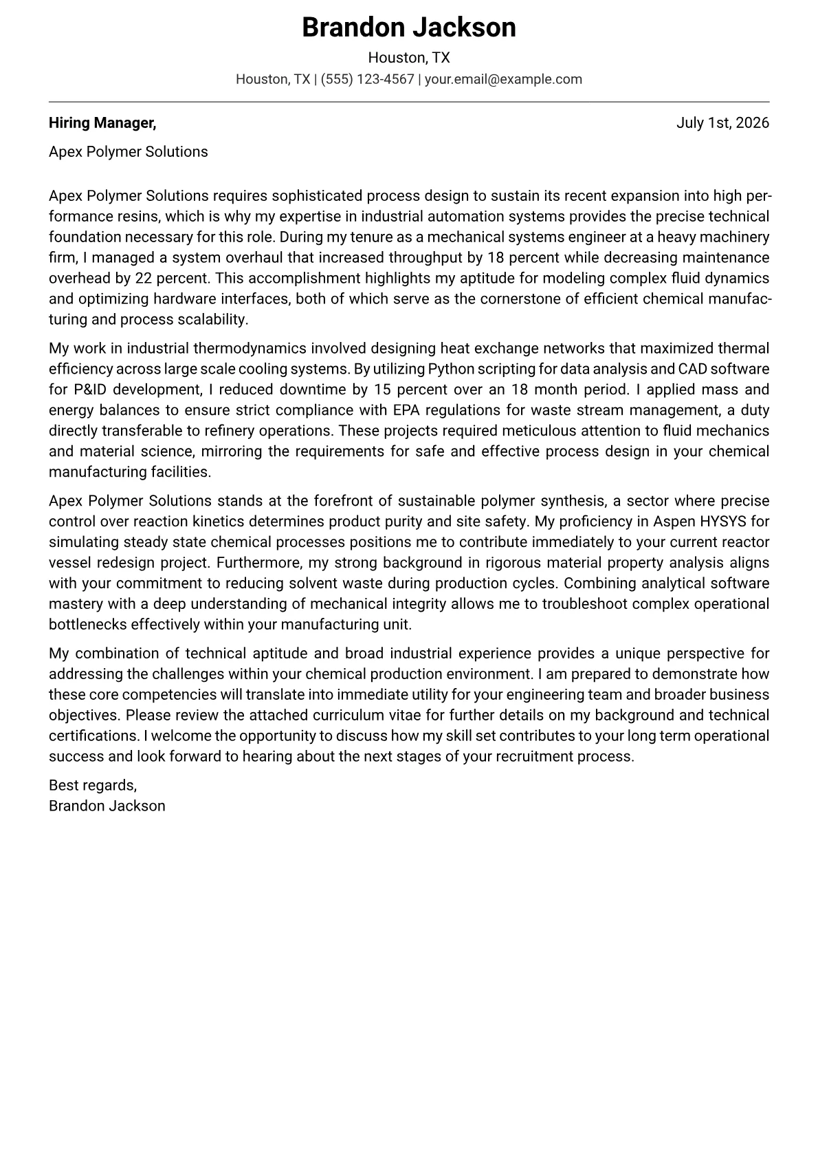 Chemical Process Engineer cover letter in the Modern design