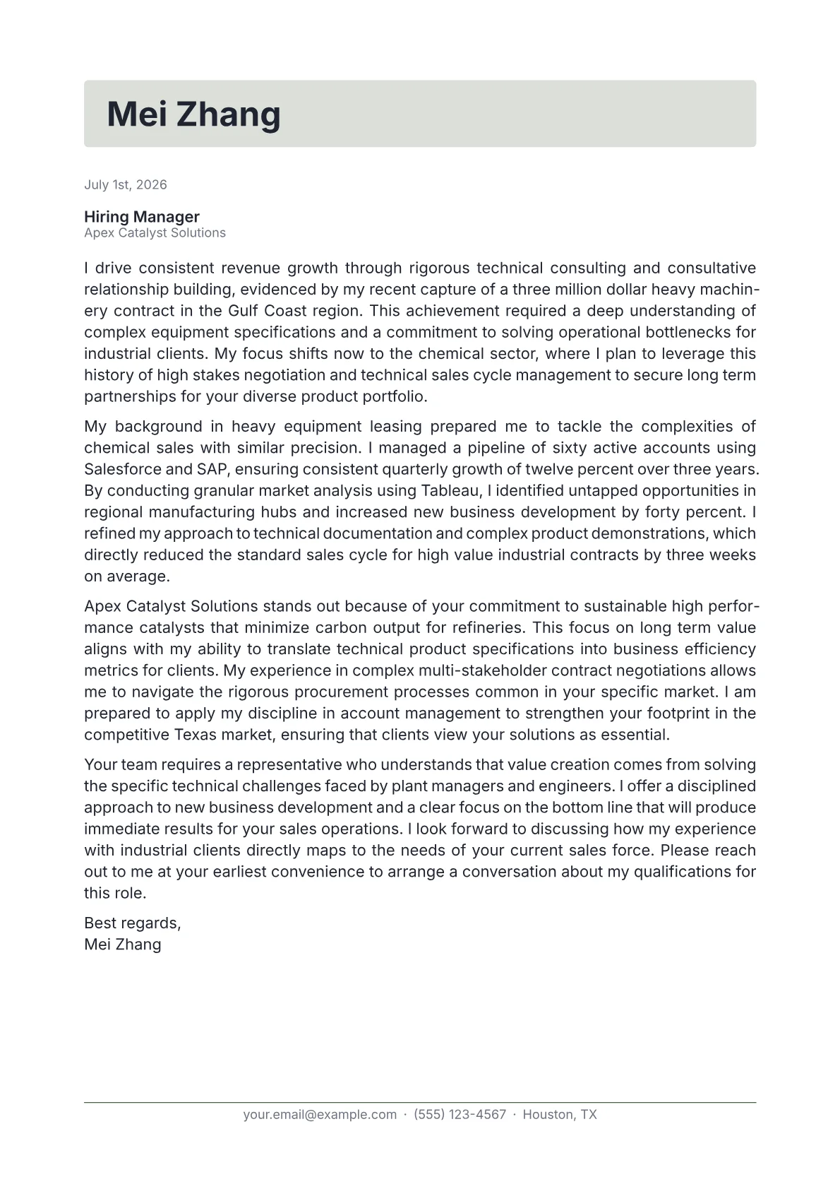 Chemical Sales Representative cover letter in the Letterhead design