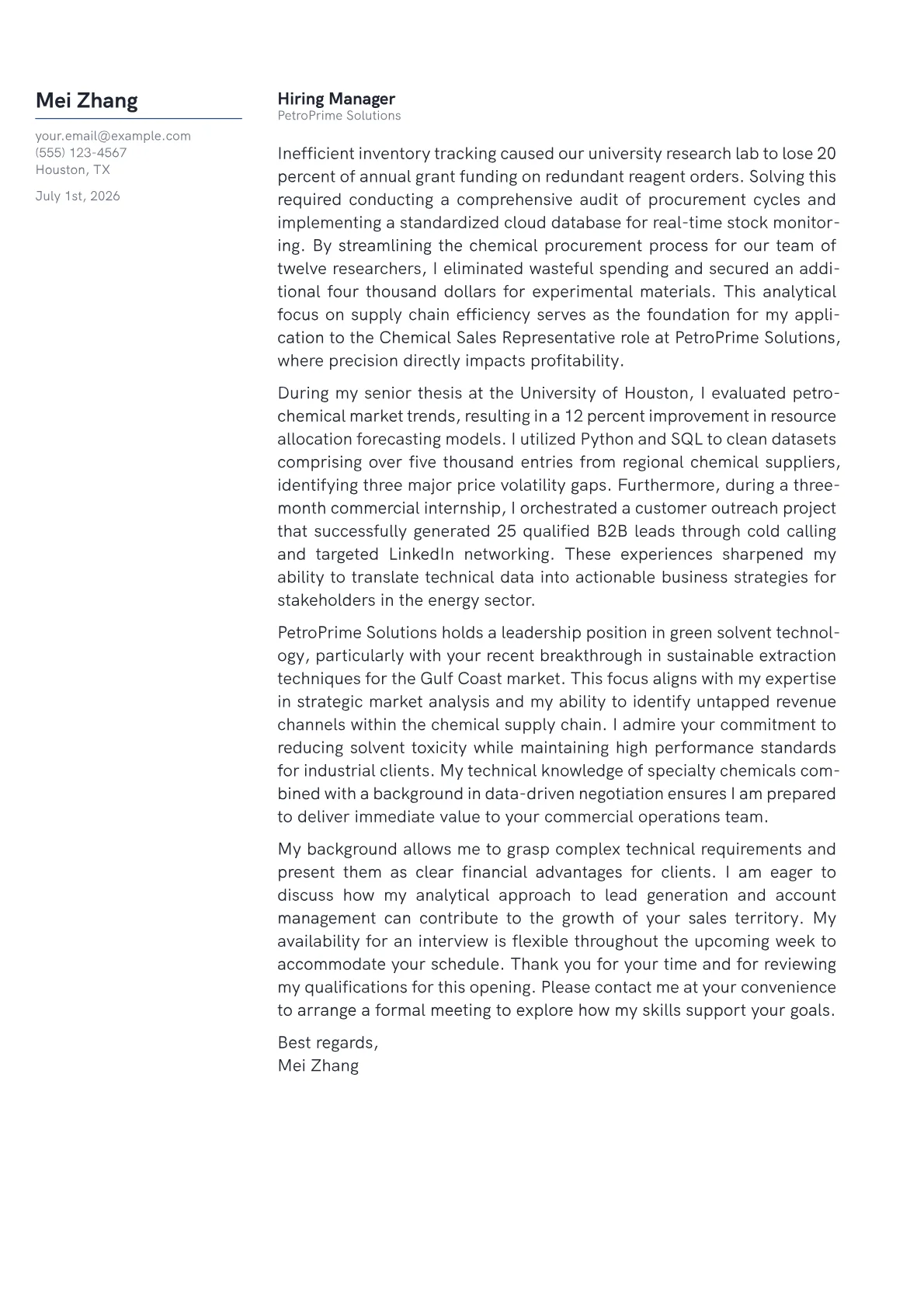 Chemical Sales Representative cover letter in the Margin design