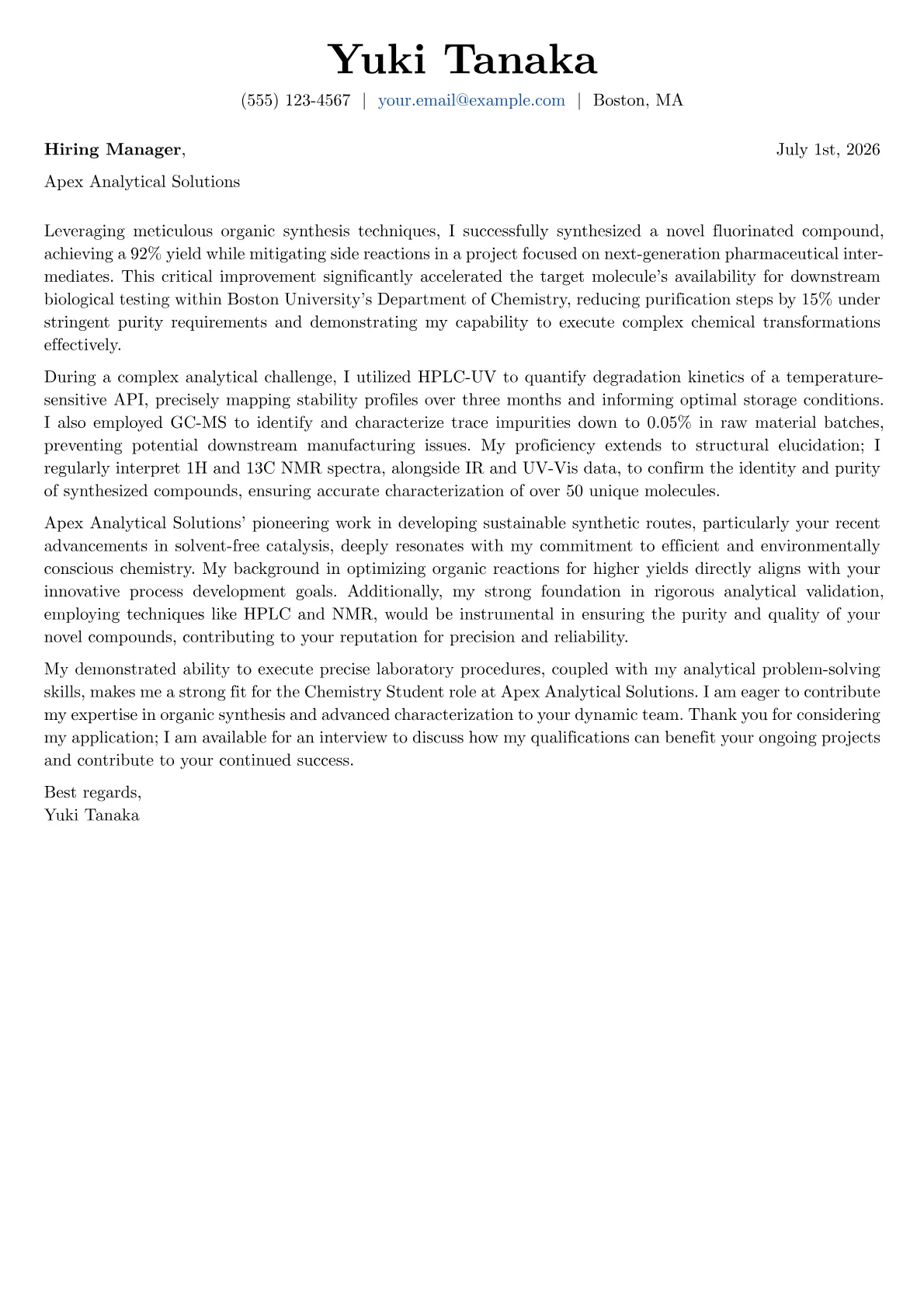 Chemistry Student cover letter formatted with a JobSprout template