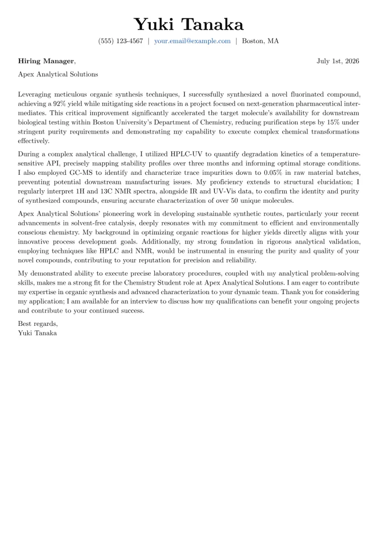 Chemistry Student cover letter example preview