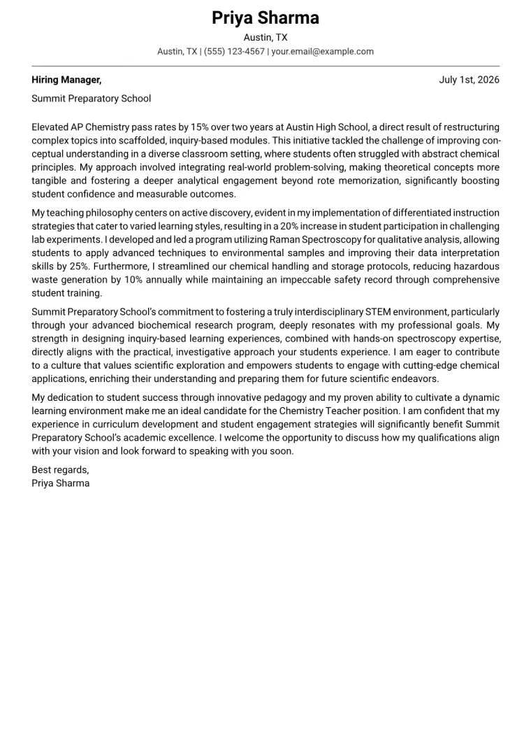 Chemistry Teacher Cover Letter Example