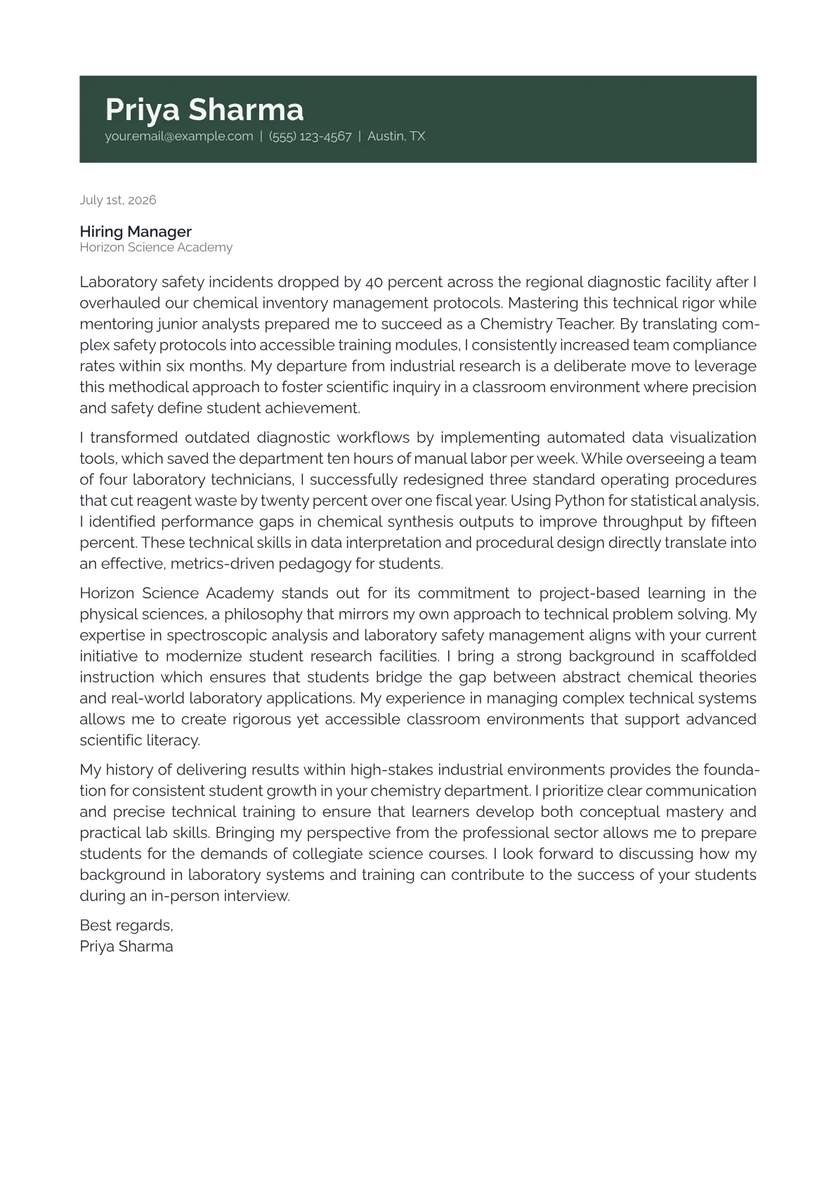 Chemistry Teacher cover letter in the Banner design