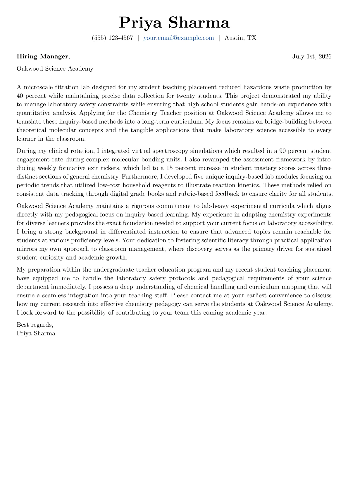 Chemistry Teacher cover letter in the Basic design