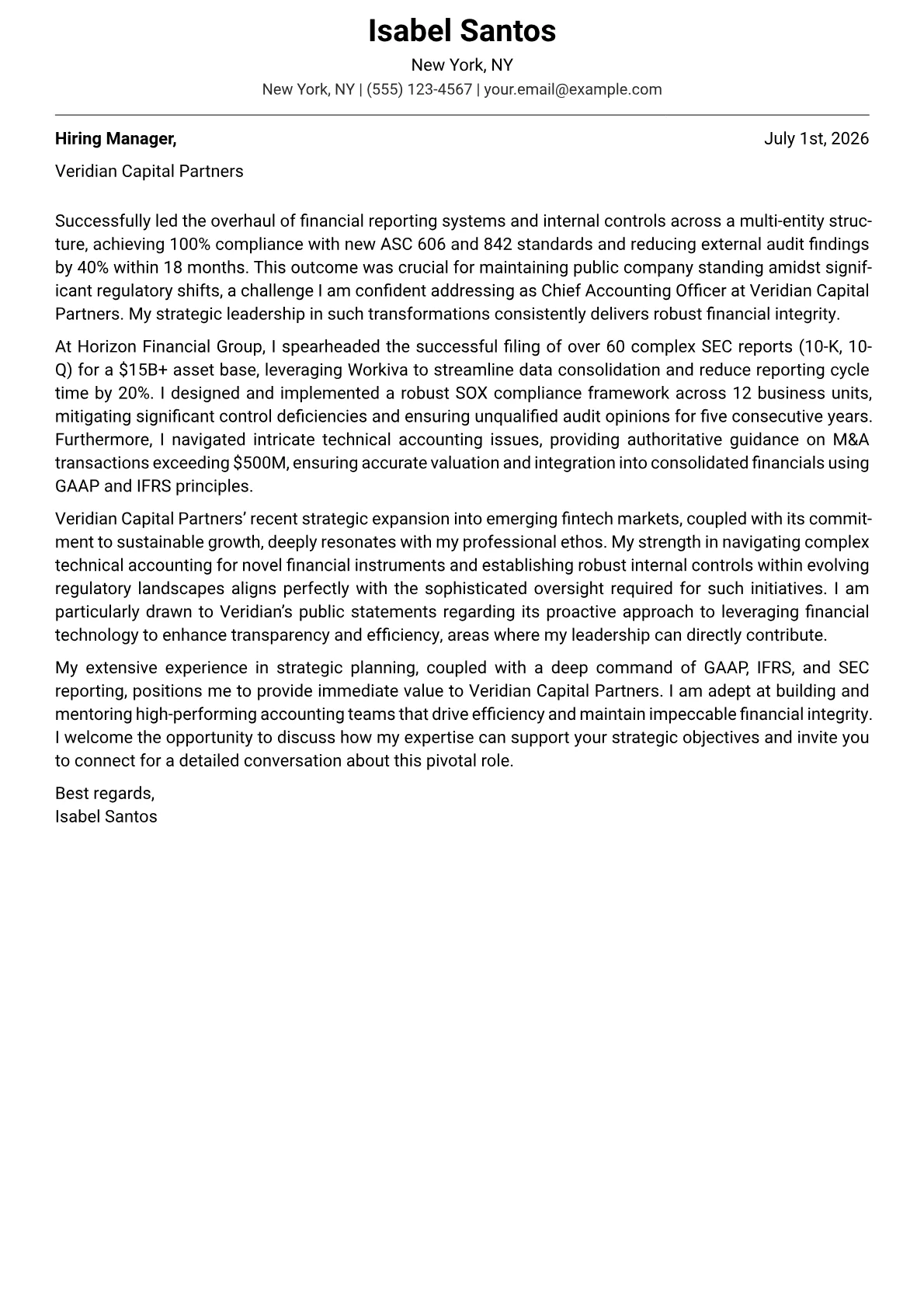 Chief Accounting Officer cover letter formatted with a JobSprout template