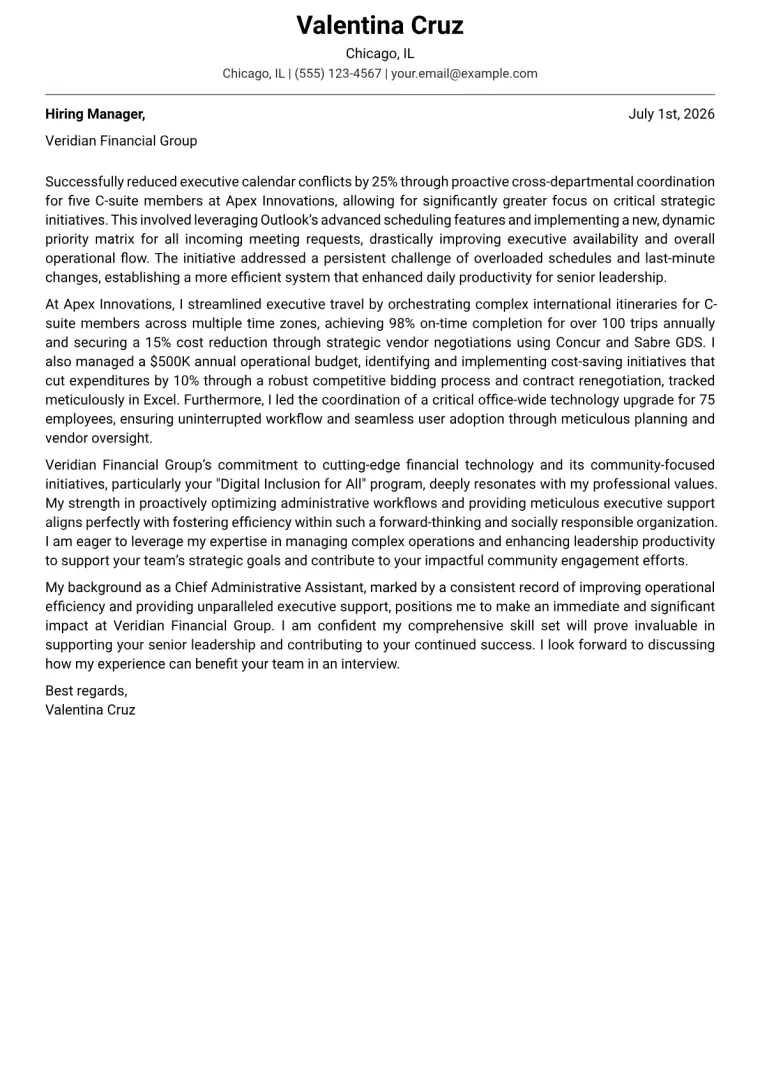 Chief Administrative Assistant cover letter example preview