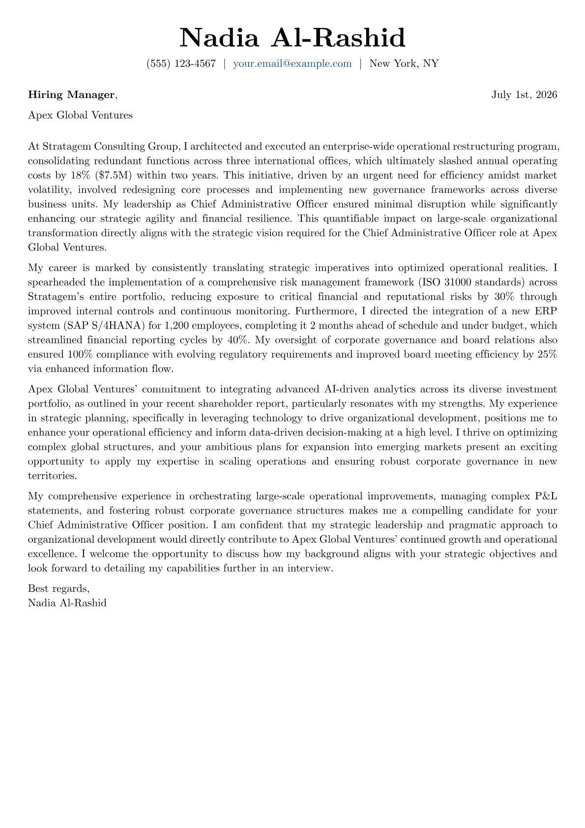 Chief Administrative Officer cover letter formatted with a JobSprout template