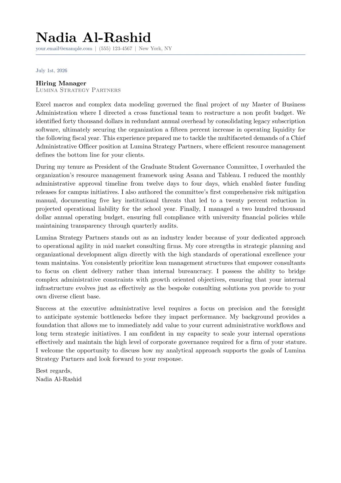 Chief Administrative Officer cover letter in the Classic design