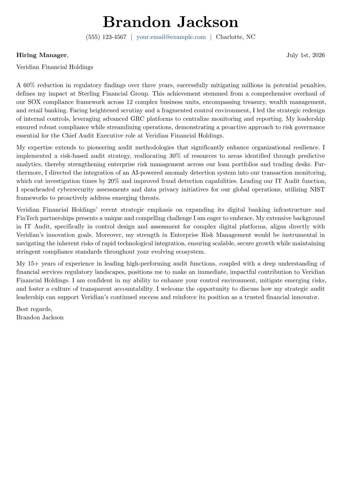 Chief Audit Executive cover letter formatted with a JobSprout template