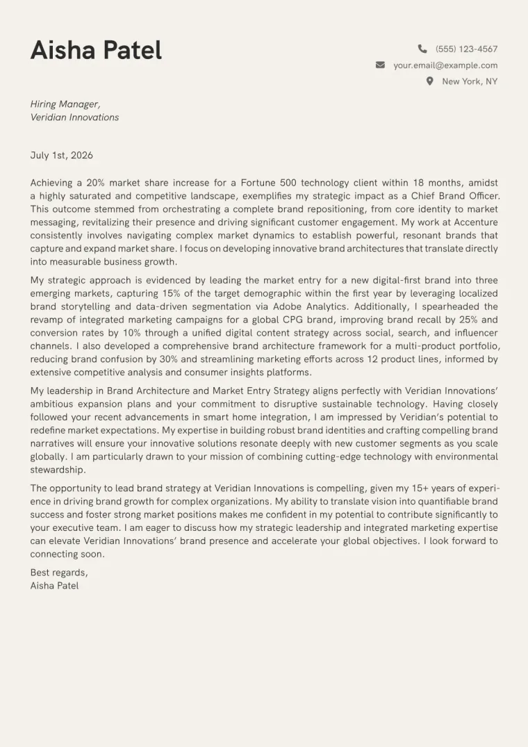 Chief Brand Officer cover letter example