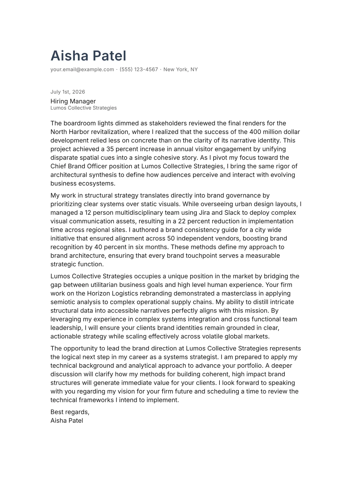 Chief Brand Officer cover letter in the Minimal design