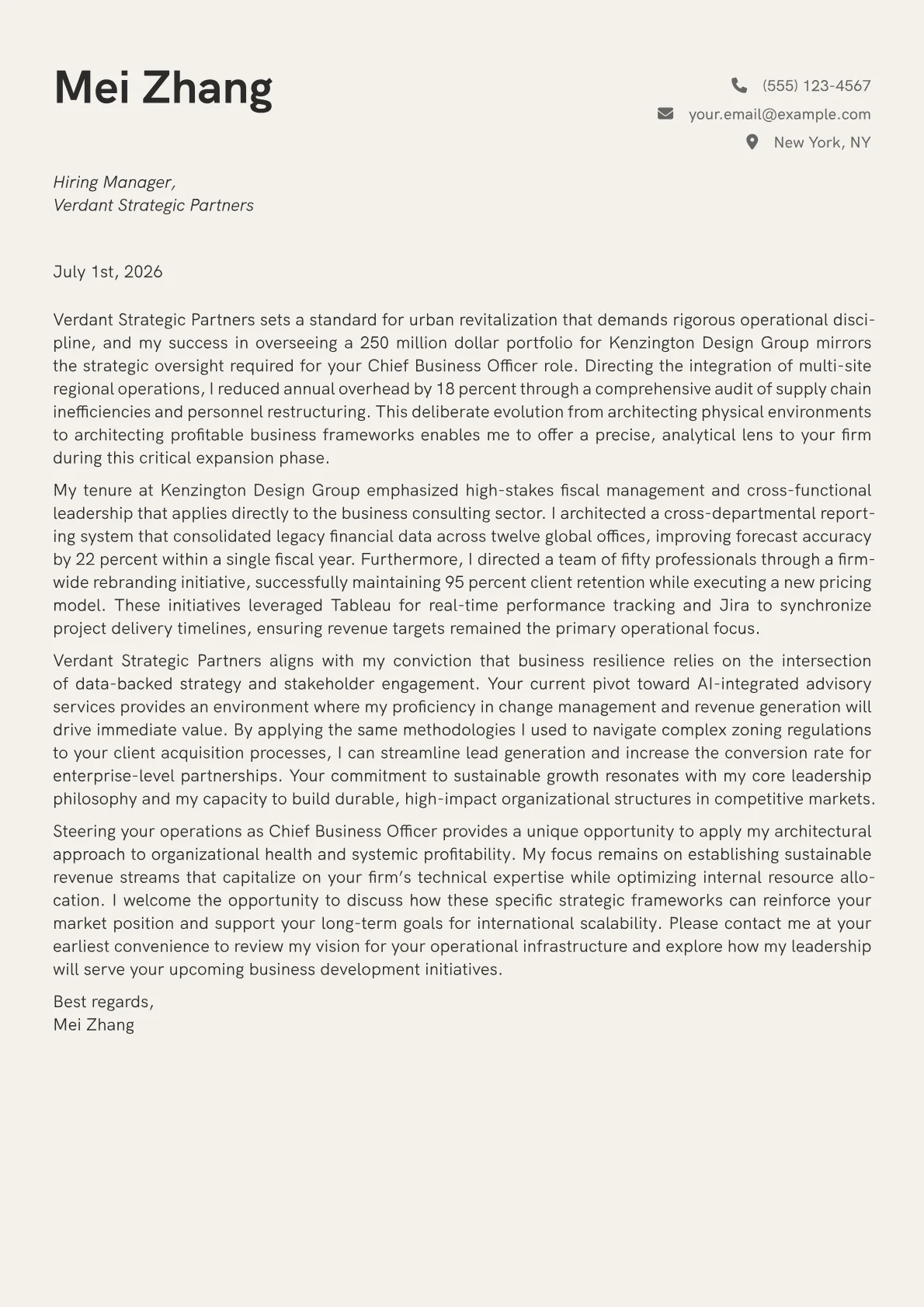 Chief Business Officer cover letter in the Creative design