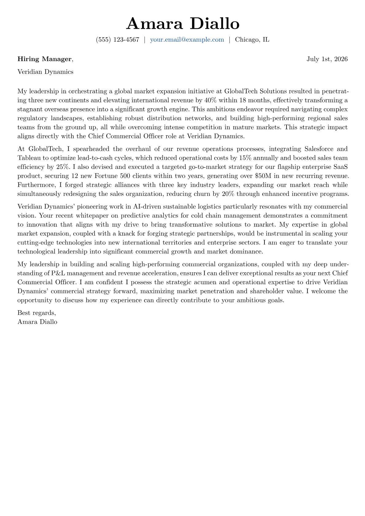 Chief Commercial Officer cover letter formatted with a JobSprout template