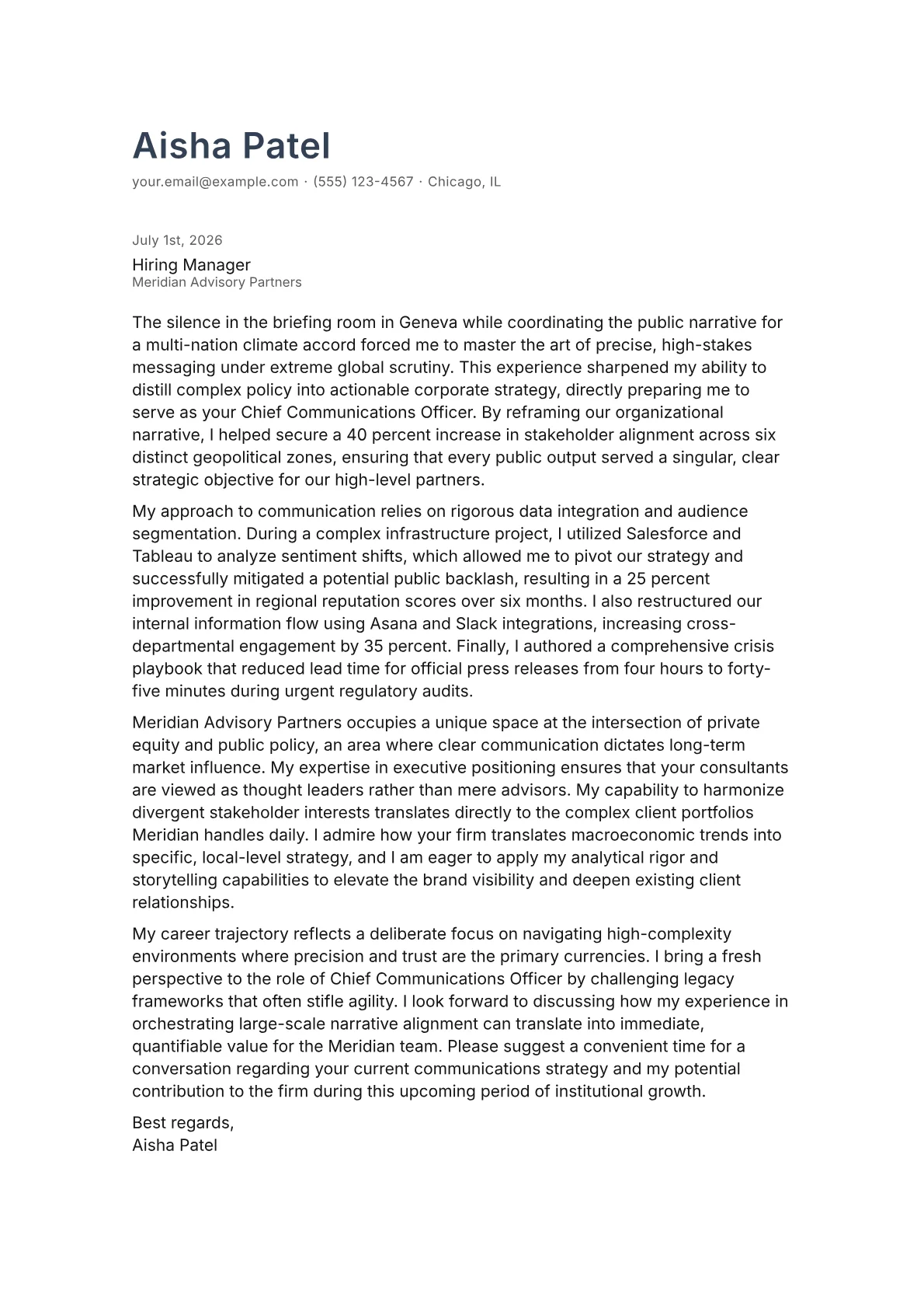 Chief Communications Officer cover letter in the Minimal design