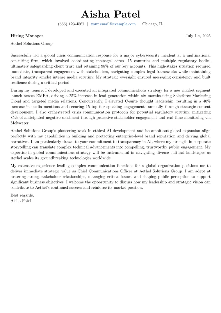 Chief Communications Officer cover letter example