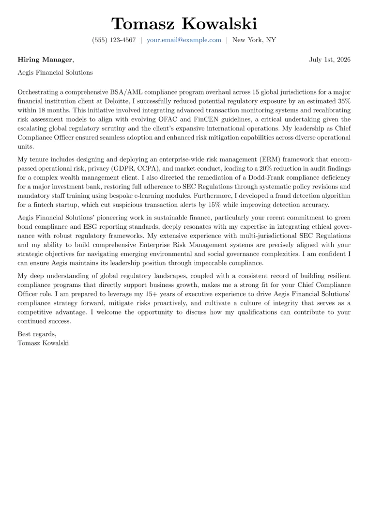 Chief Compliance Officer Cover Letter Example