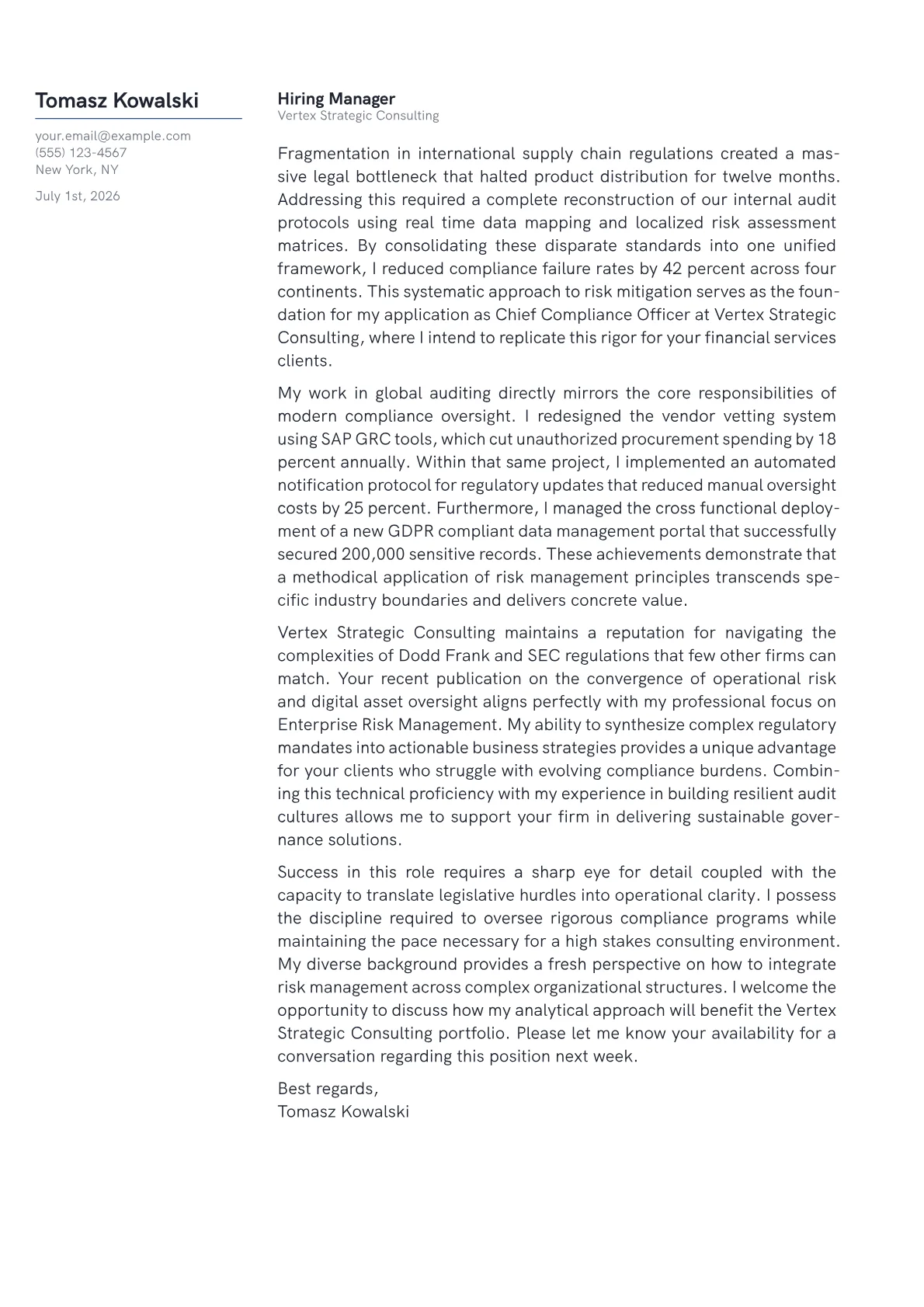 Chief Compliance Officer cover letter in the Margin design